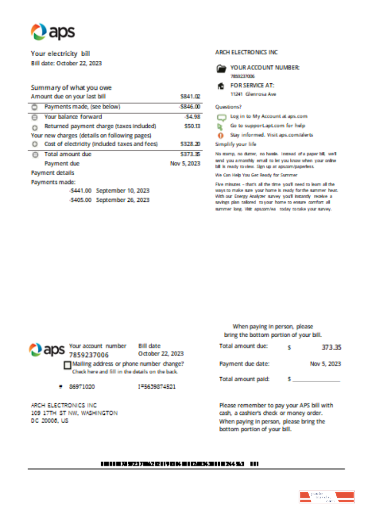 Arizona APS electricity proof of address utility business bill SCR PSD template